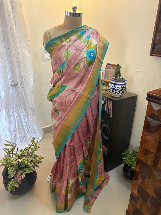 Pure Gicha by Gicha Tussar silk hand painted saree
