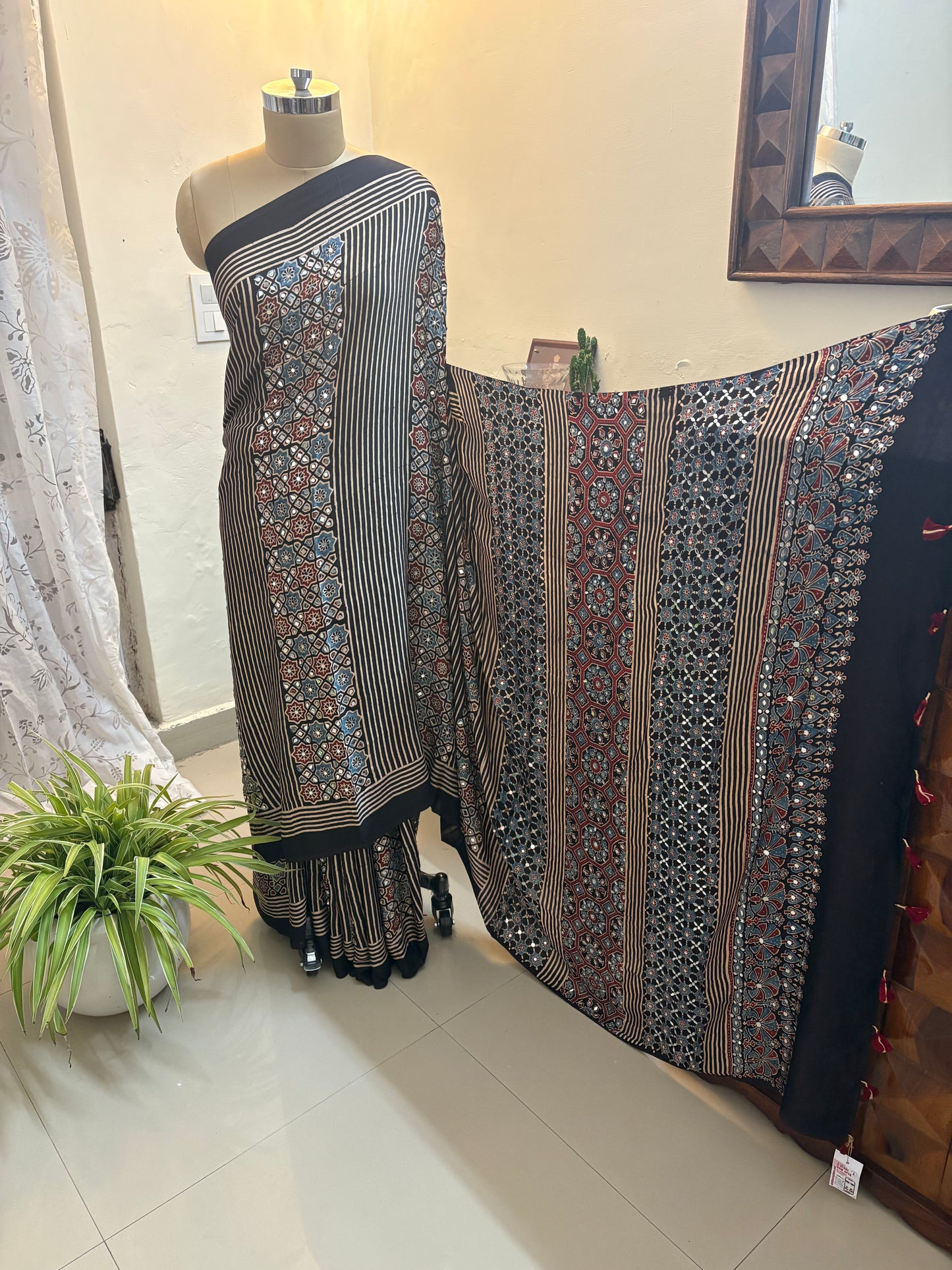 Ajrakh Modal silk saree with mirror work