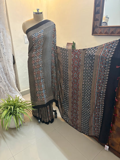 Ajrakh Modal silk saree with mirror work