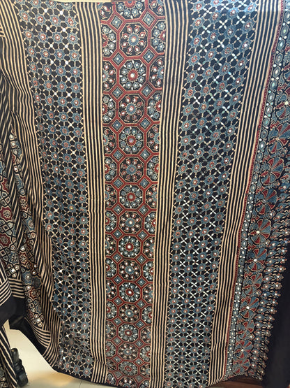 Ajrakh Modal silk saree with mirror work