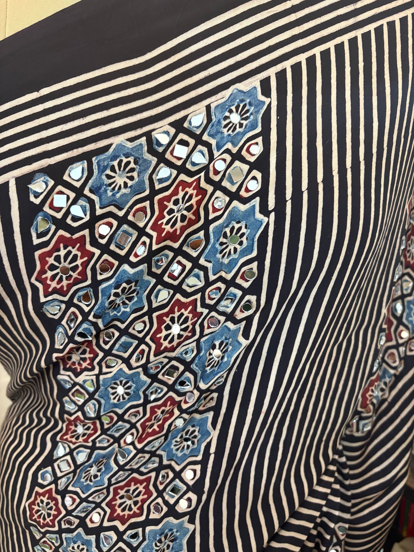 Ajrakh Modal silk saree with mirror work