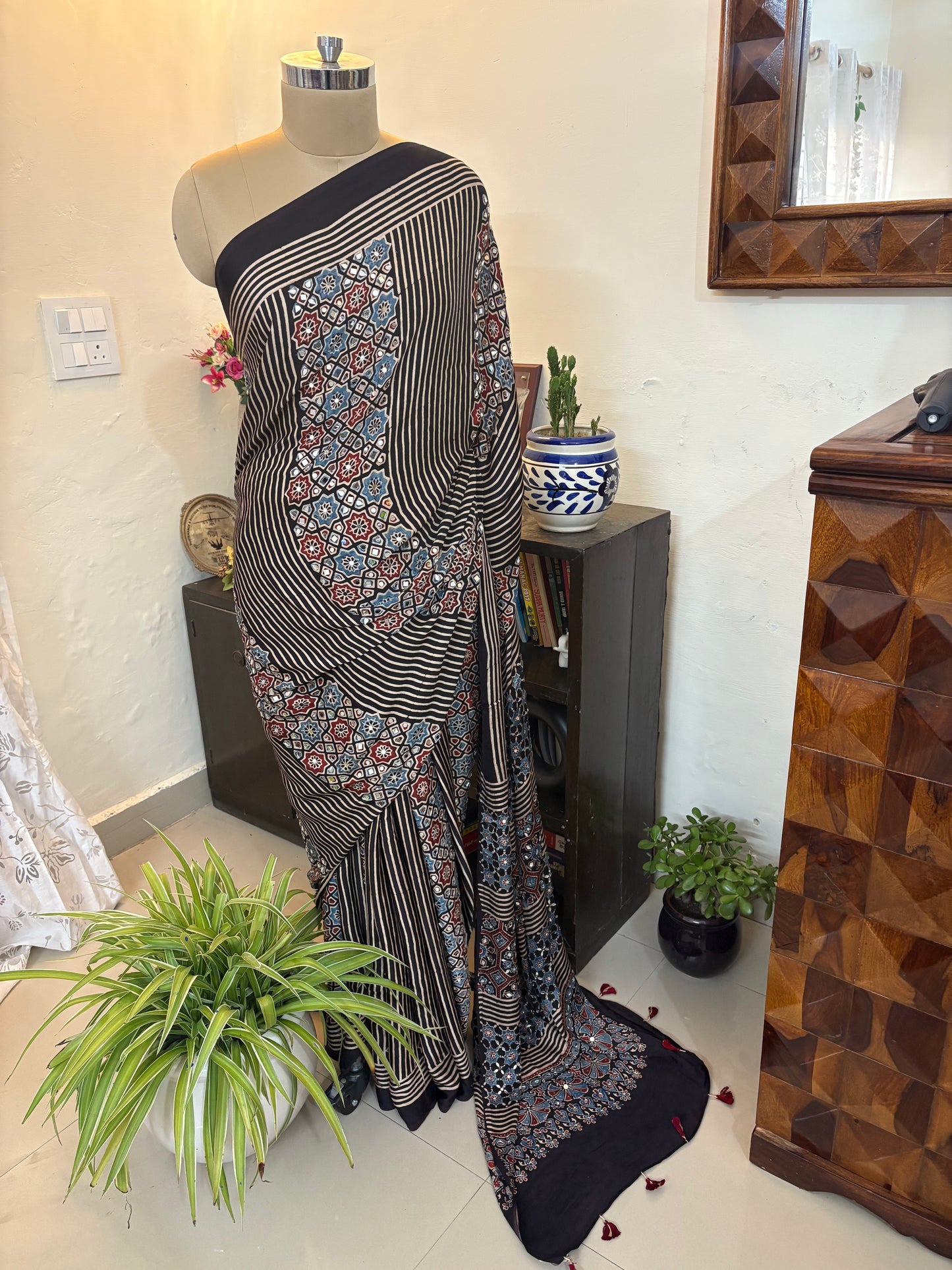 Ajrakh Modal silk saree with mirror work