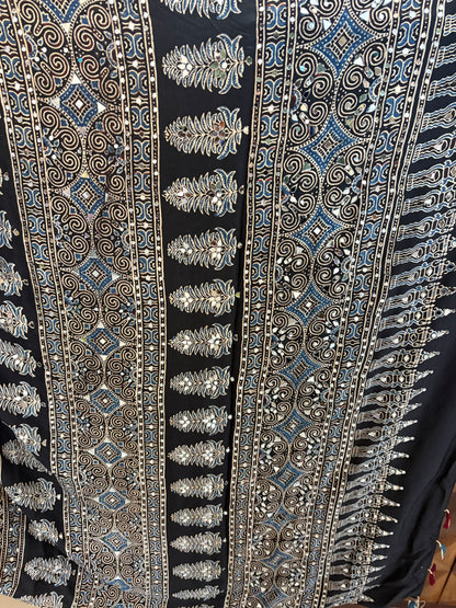 Ajrakh modal silk saree with mirror work
