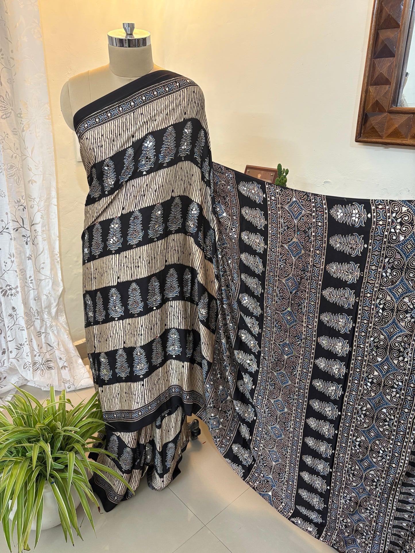 Ajrakh modal silk saree with mirror work