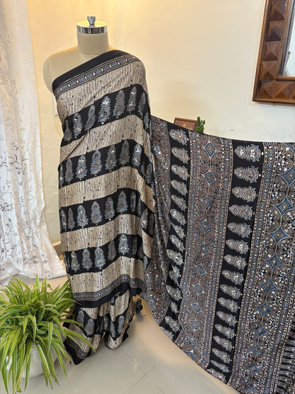 Ajrakh modal silk saree with mirror work
