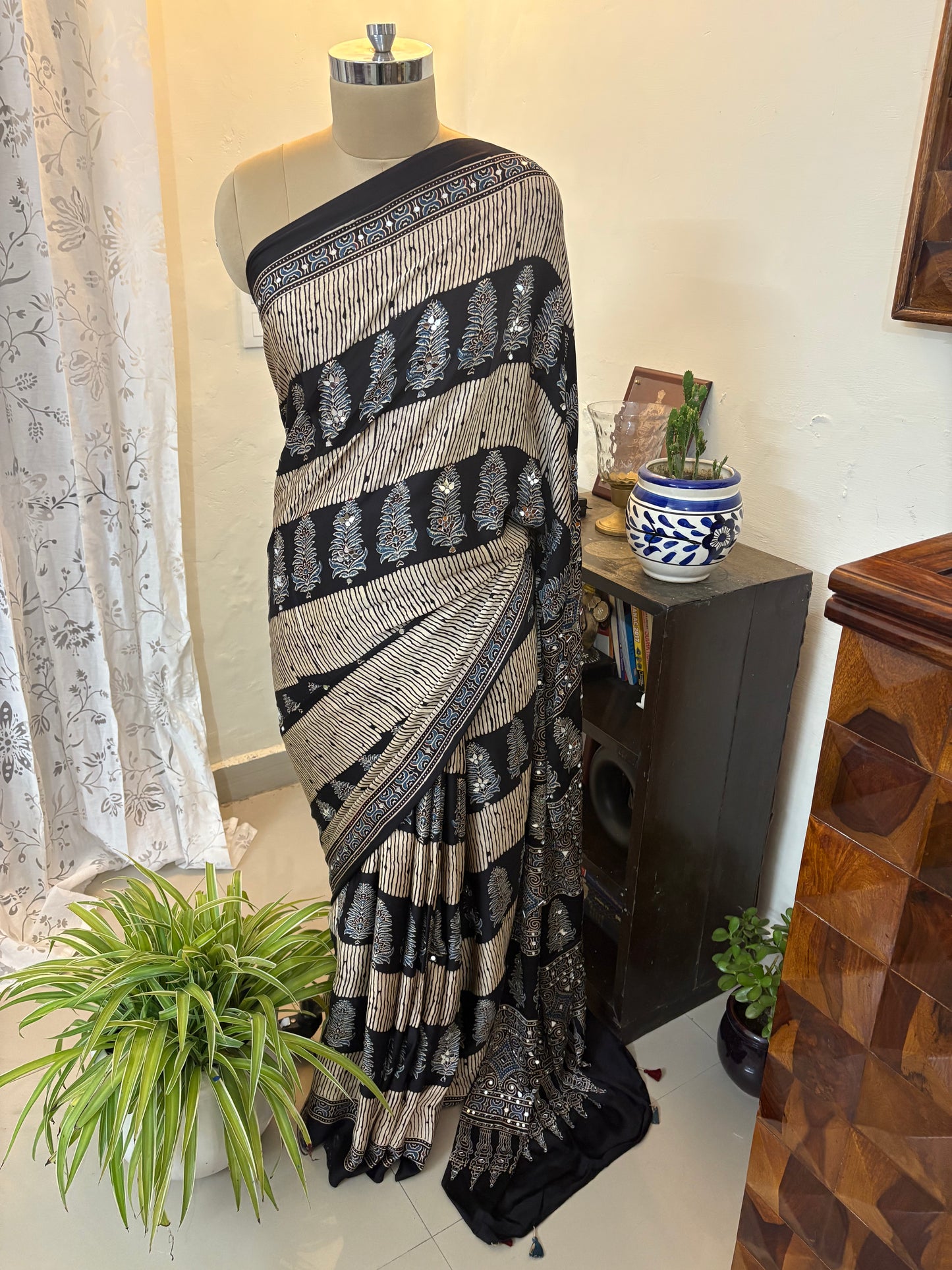 Ajrakh modal silk saree with mirror work