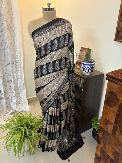 Ajrakh modal silk saree with mirror work