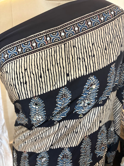 Ajrakh modal silk saree with mirror work