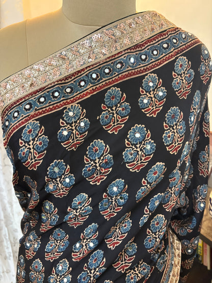 Ajrakh Modal silk saree with zari border and mirror work