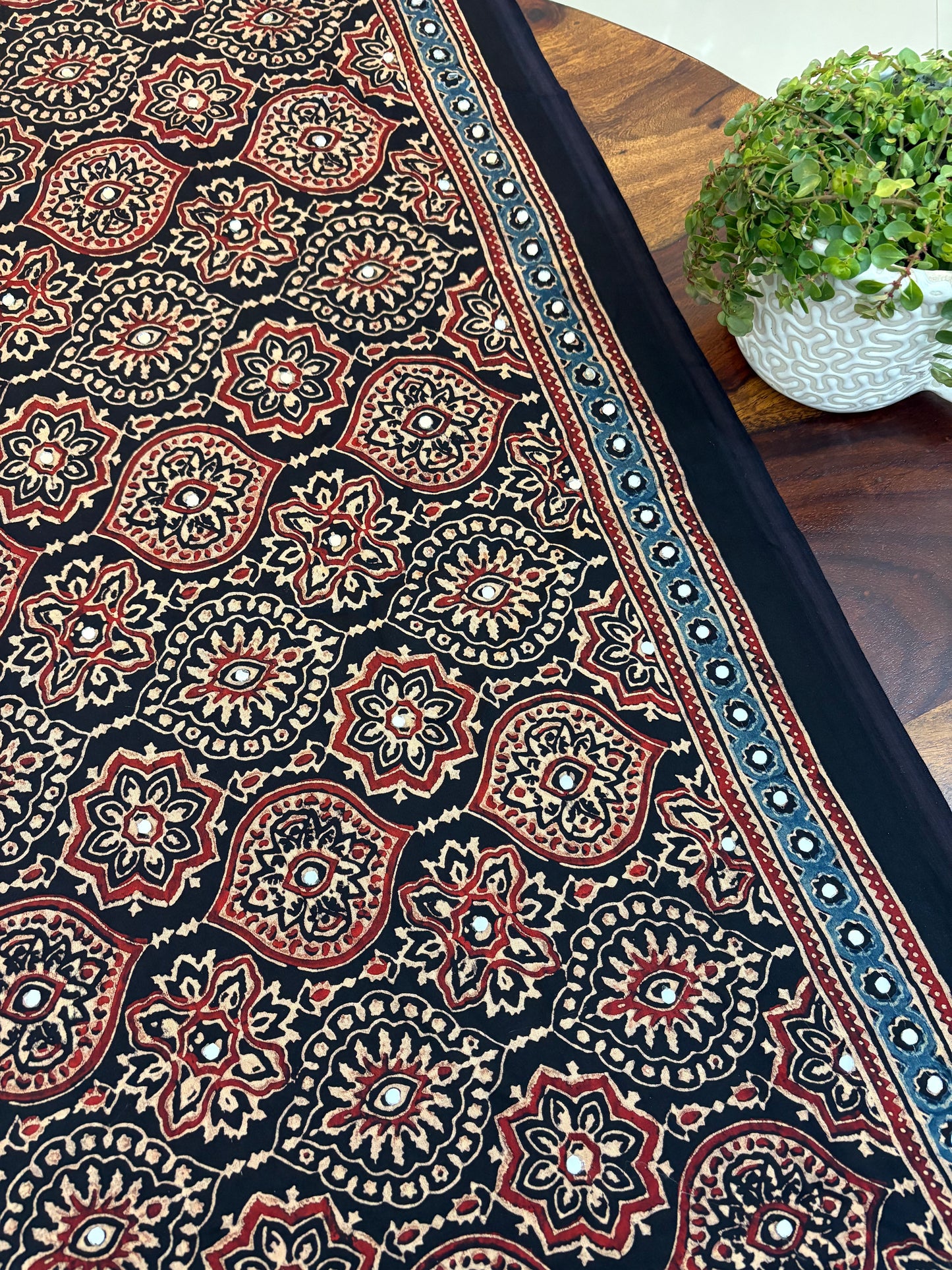 Ajrakh Modal silk saree with zari border and mirror work