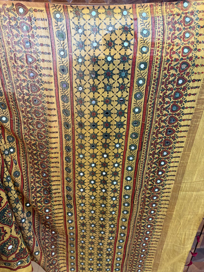 Ajrakh Chanderi silk saree with mirror work