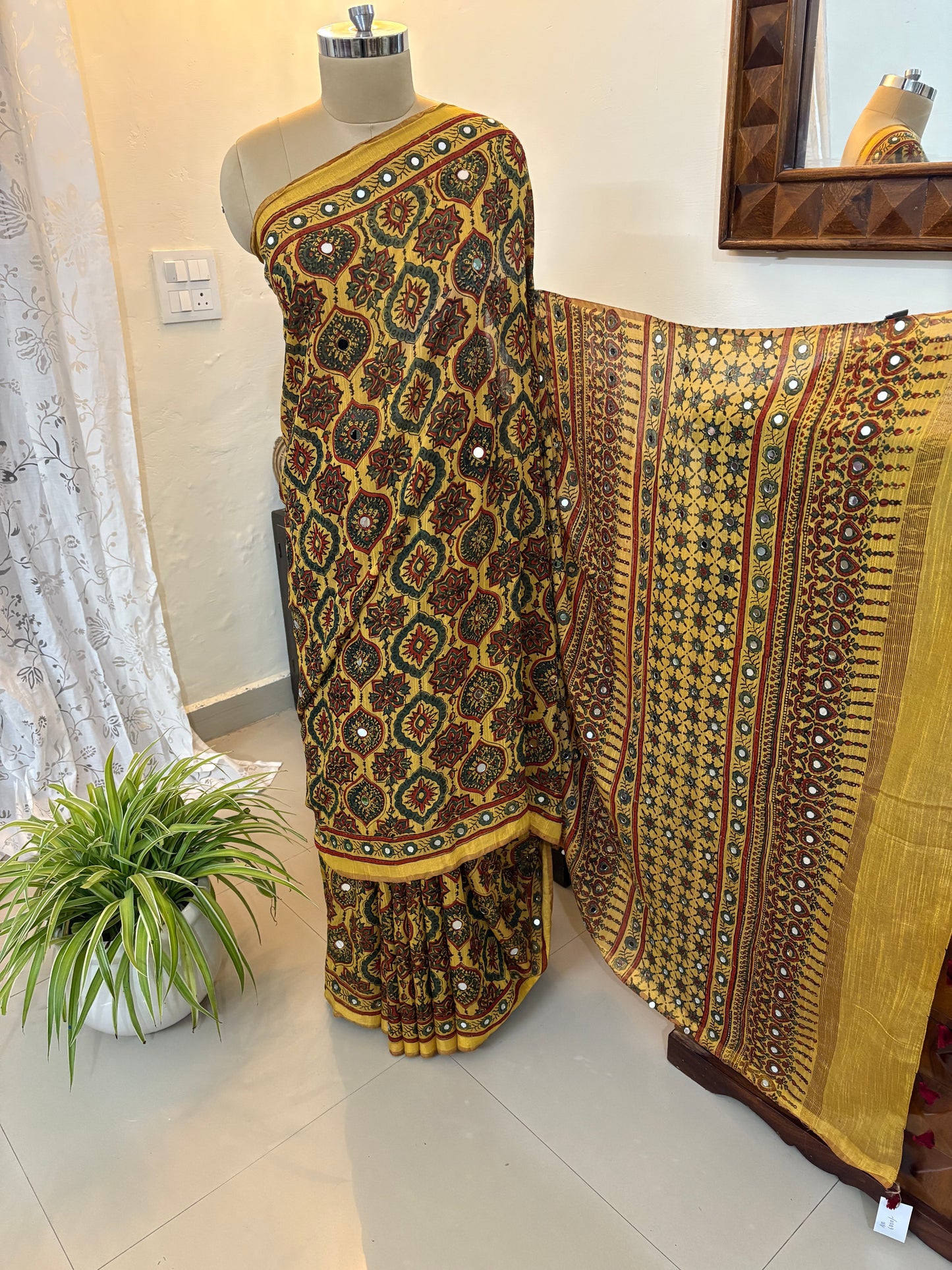 Ajrakh Chanderi silk saree with mirror work