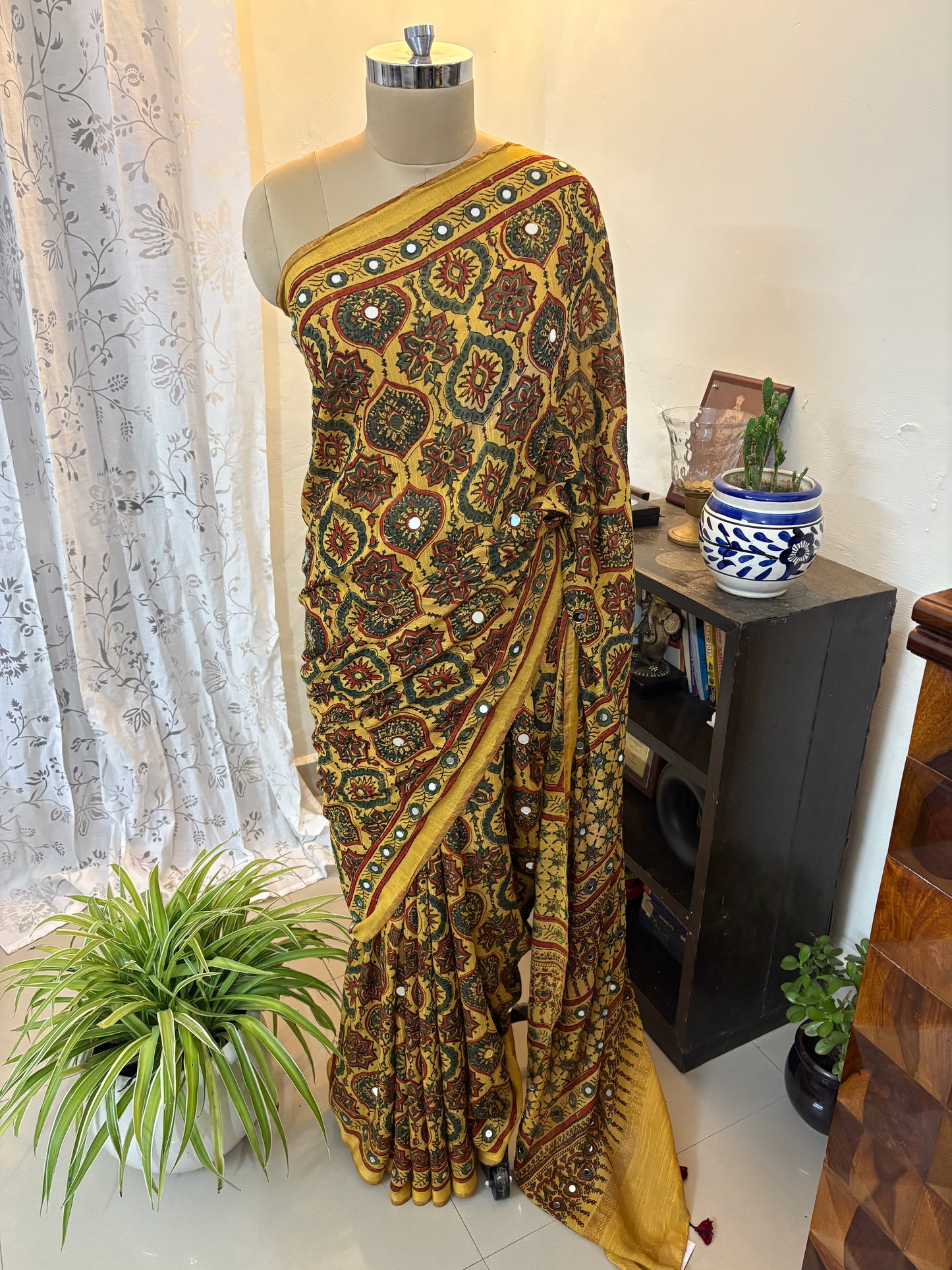 Ajrakh Chanderi silk saree with mirror work