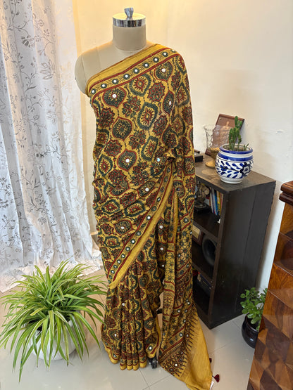 Ajrakh Chanderi silk saree with mirror work