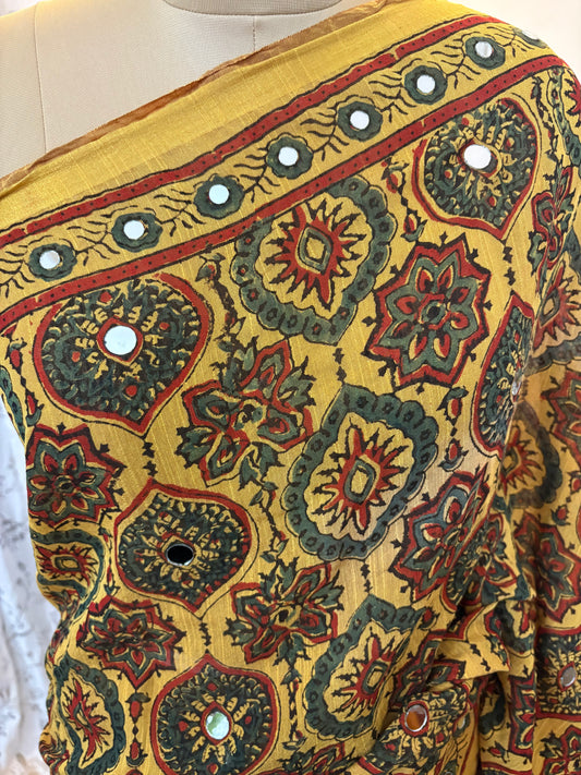 Ajrakh Chanderi silk saree with mirror work