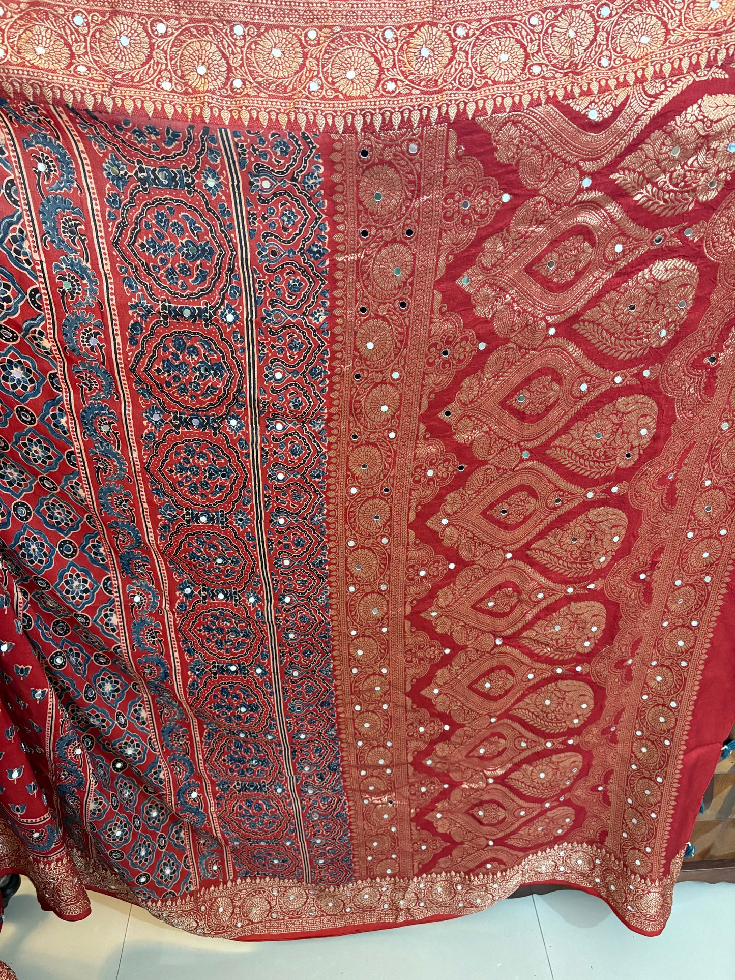 Ajrakh Dola silk saree with mirror work