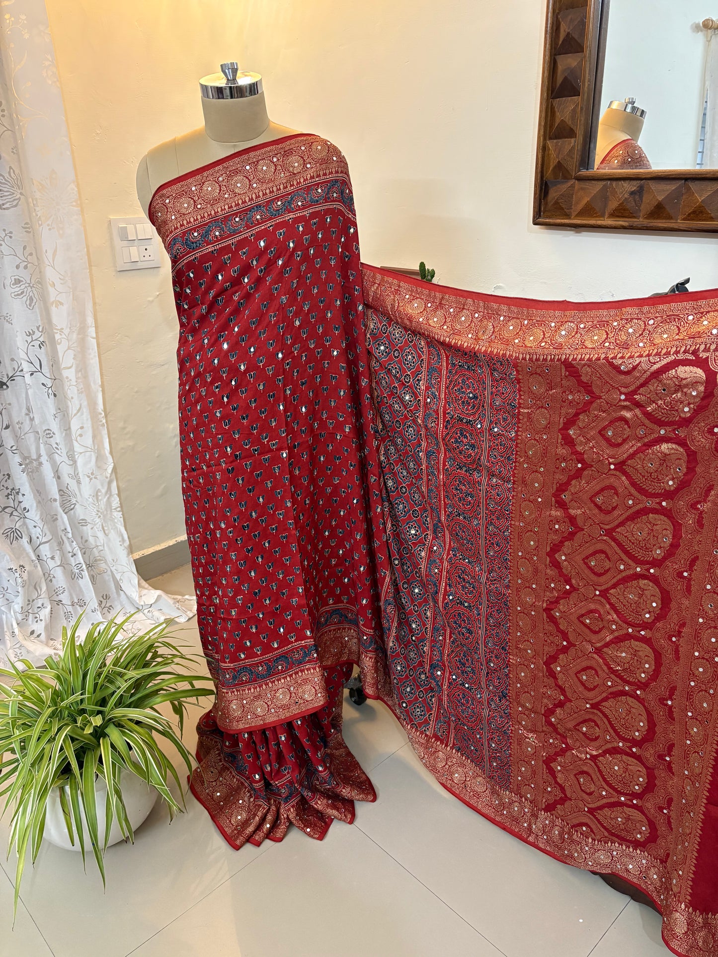 Ajrakh Dola silk saree with mirror work