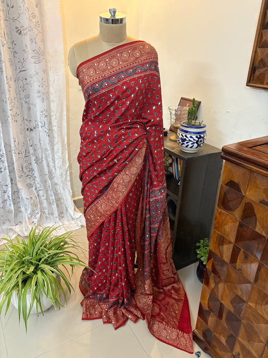 Ajrakh Dola silk saree with mirror work