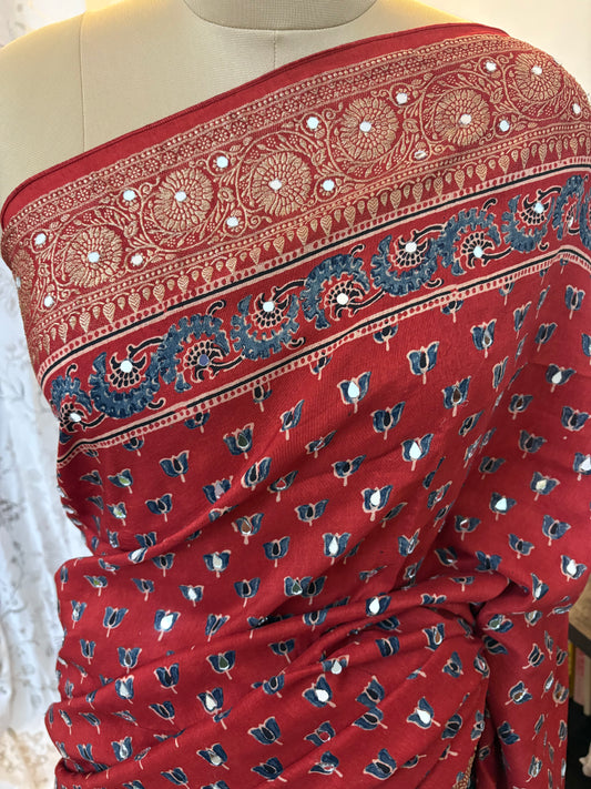 Ajrakh Dola silk saree with mirror work