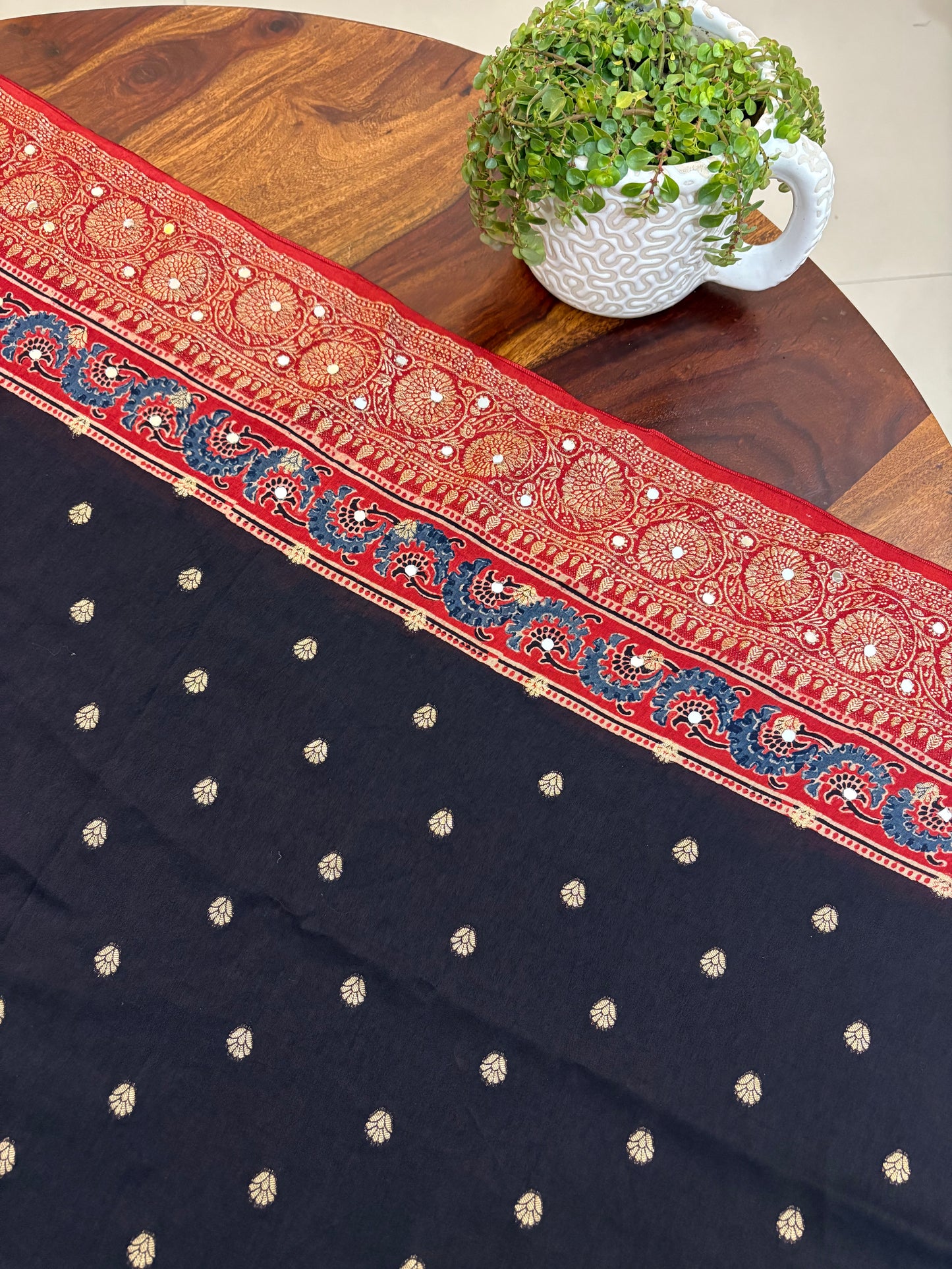 Ajrakh Dola silk saree with mirror work