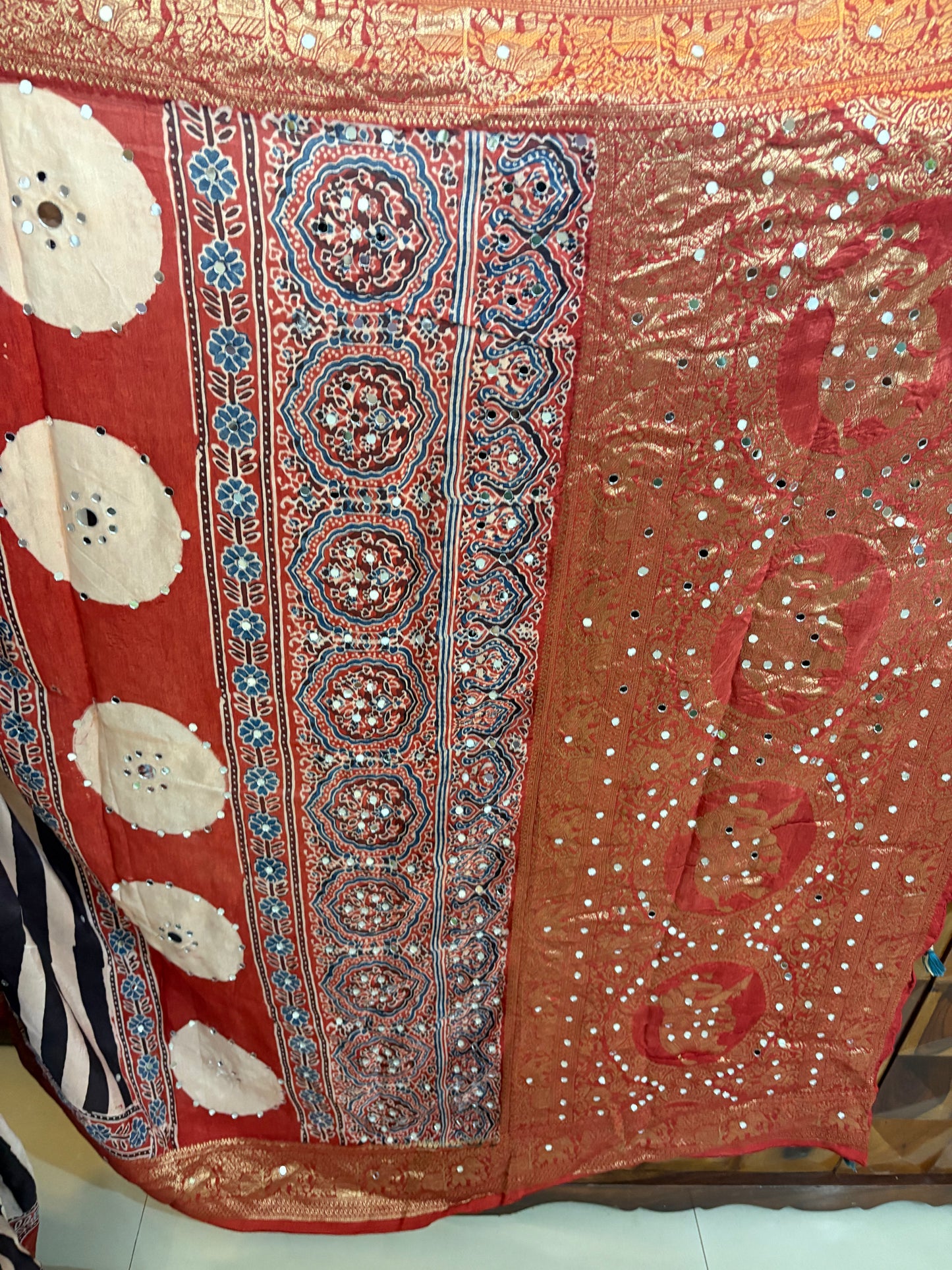 Ajrakh Dola Silk saree with mirror work