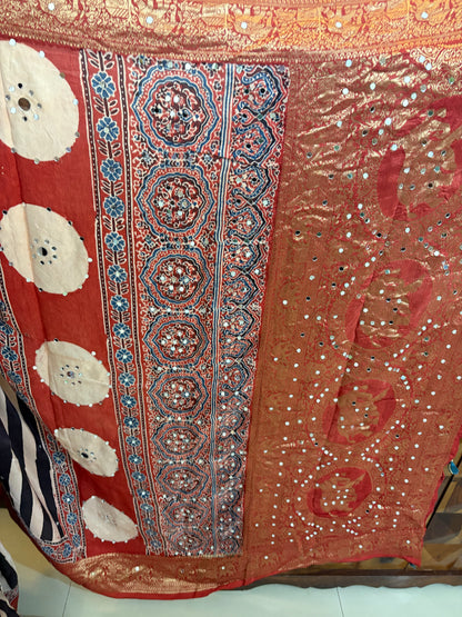 Ajrakh Dola Silk saree with mirror work