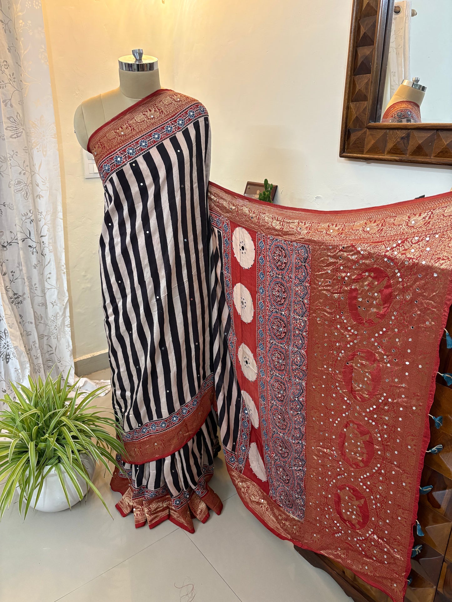 Ajrakh Dola Silk saree with mirror work