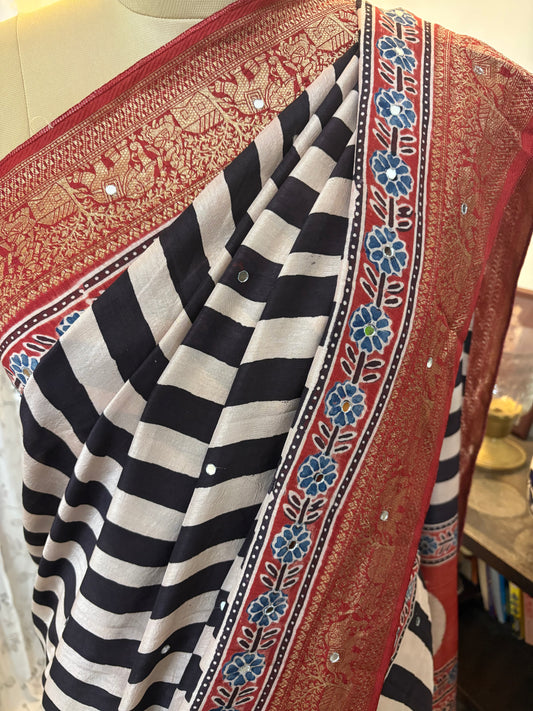Ajrakh Dola Silk saree with mirror work