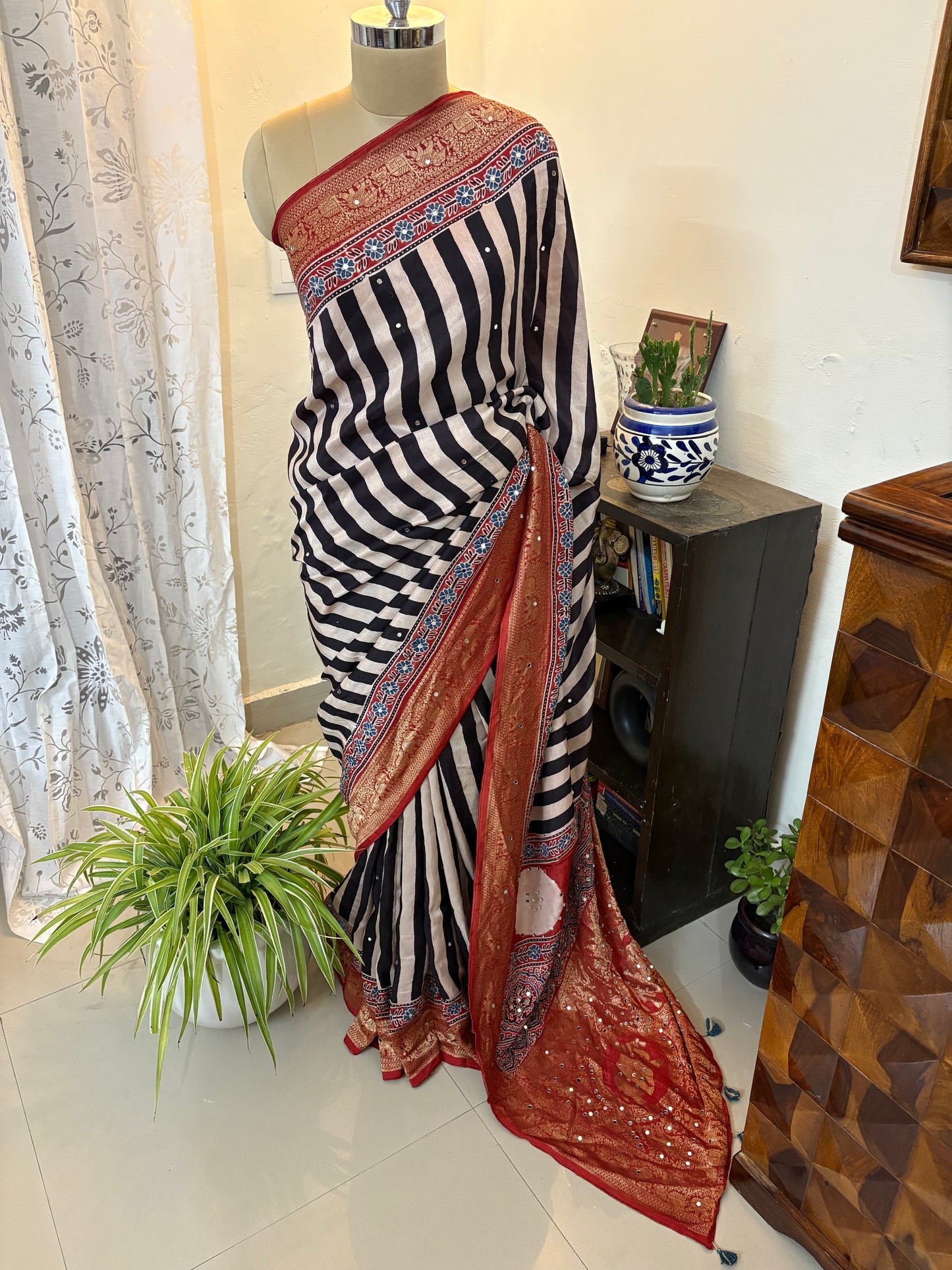 Ajrakh Dola Silk saree with mirror work