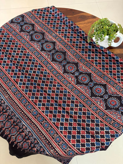 Black plain Modal silk saree with block printed pallu and blouse