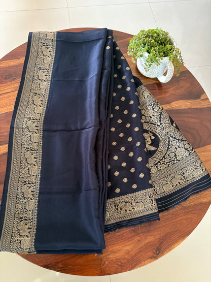 Navy Blue plain Dola Silk saree