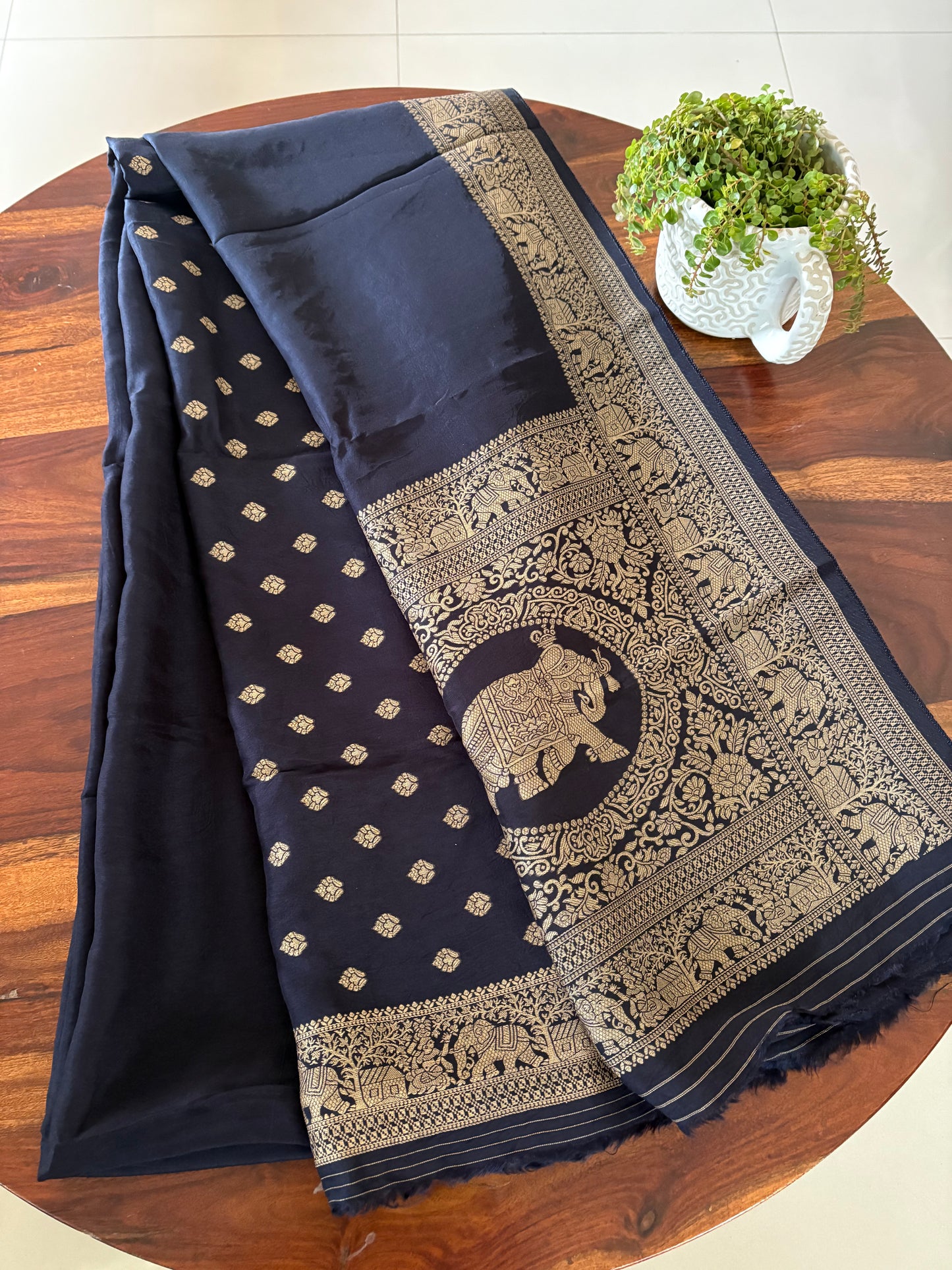 Navy Blue plain Dola Silk saree