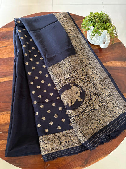 Navy Blue plain Dola Silk saree