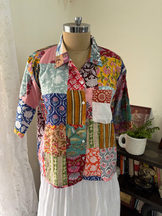 Handblock printed patchwork cotton shirt