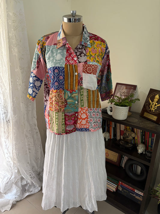 Handblock printed patchwork cotton shirt