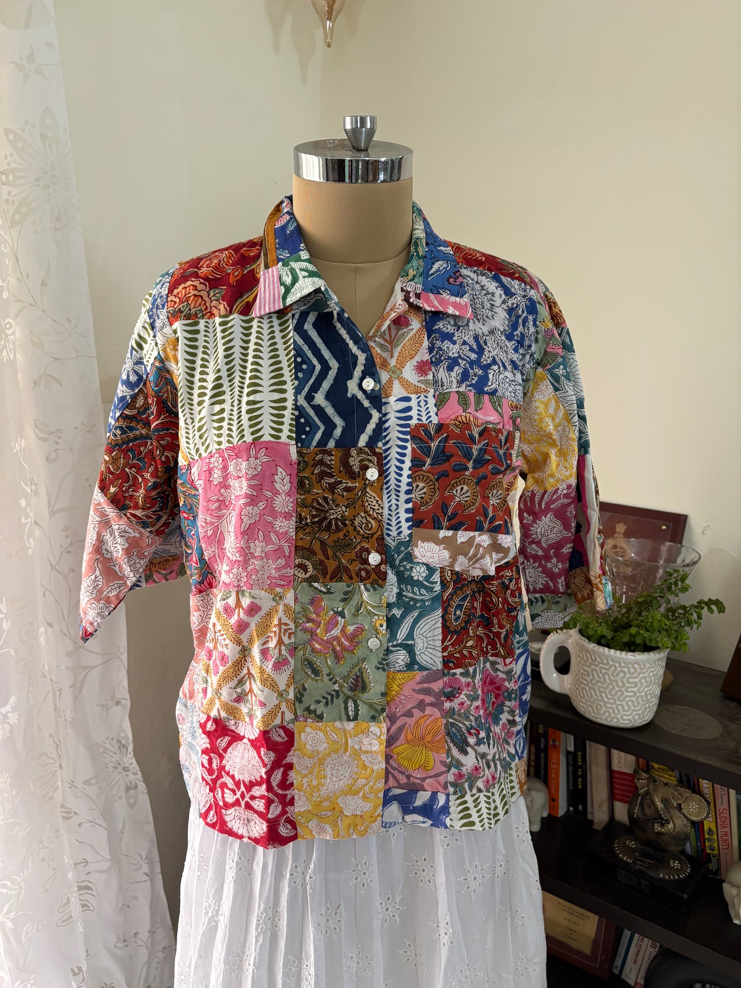 Handblock printed patchwork cotton shirt
