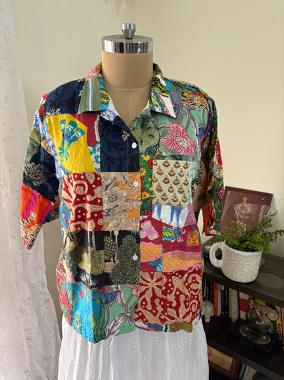 Handblock printed patchwork cotton shirt