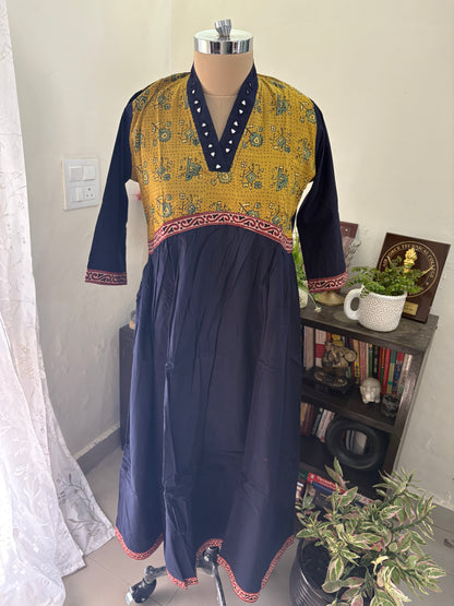 Ajrakh Handblock printed long Kurti with hand mirror work.
