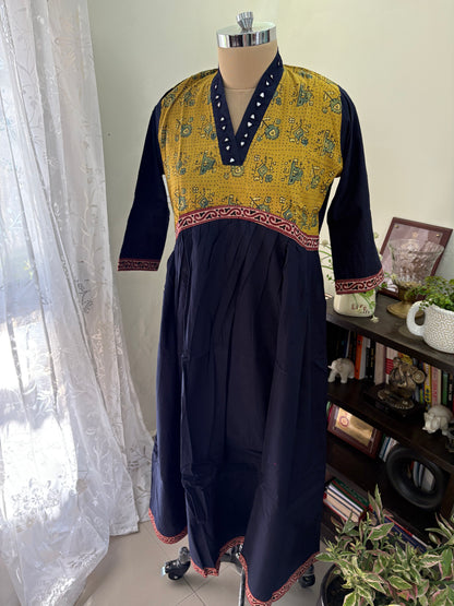 Ajrakh Handblock printed long Kurti with hand mirror work.