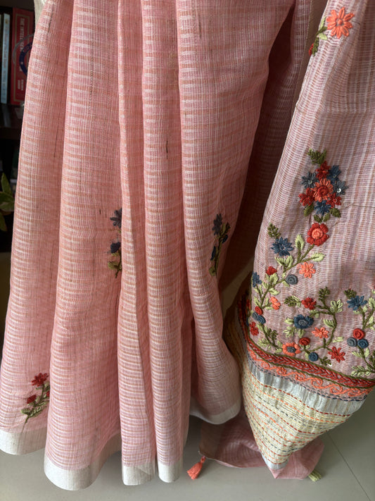 Hand Embroidery on Kota tissue silk saree