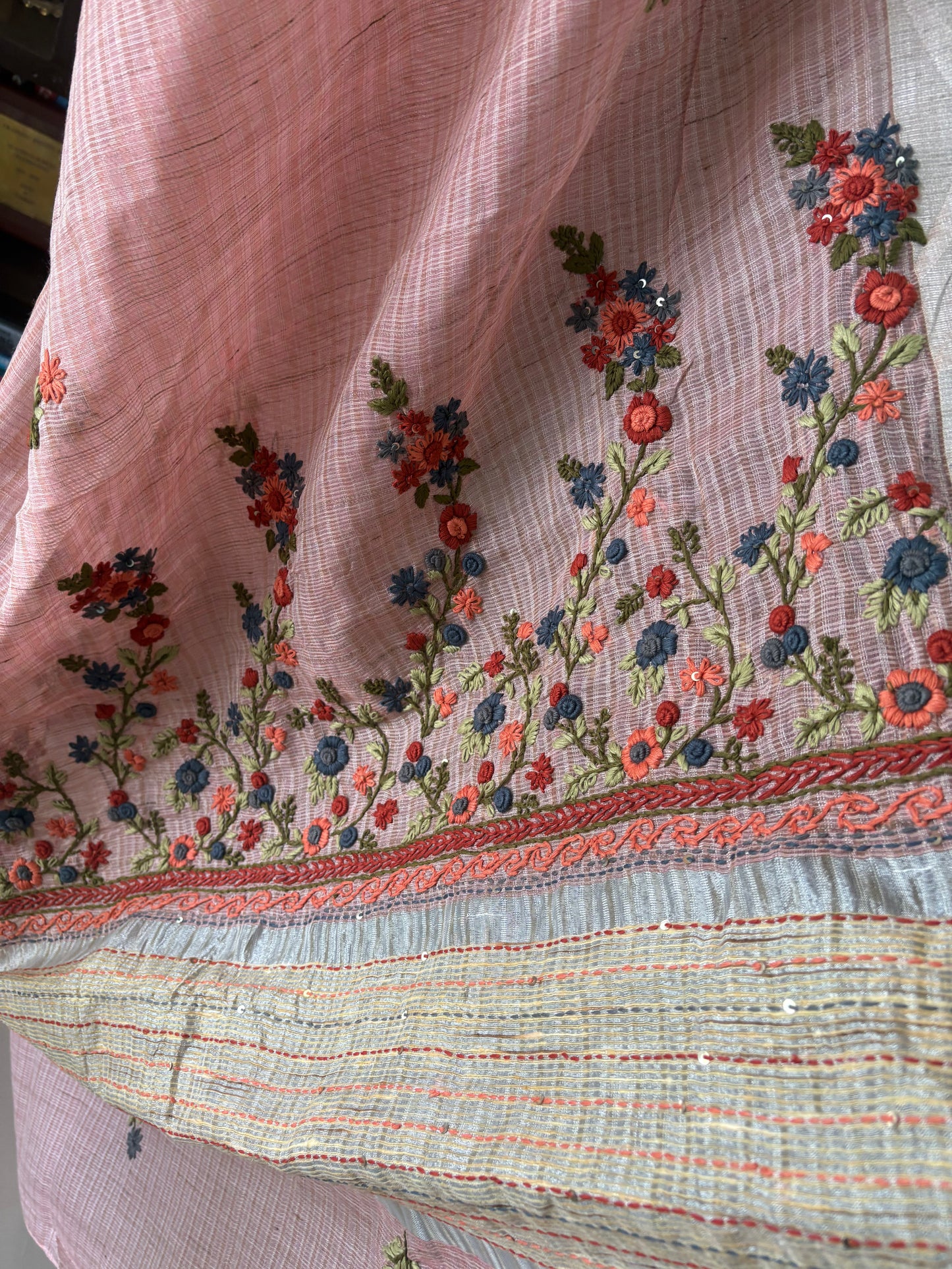 Hand Embroidery on Kota tissue silk saree