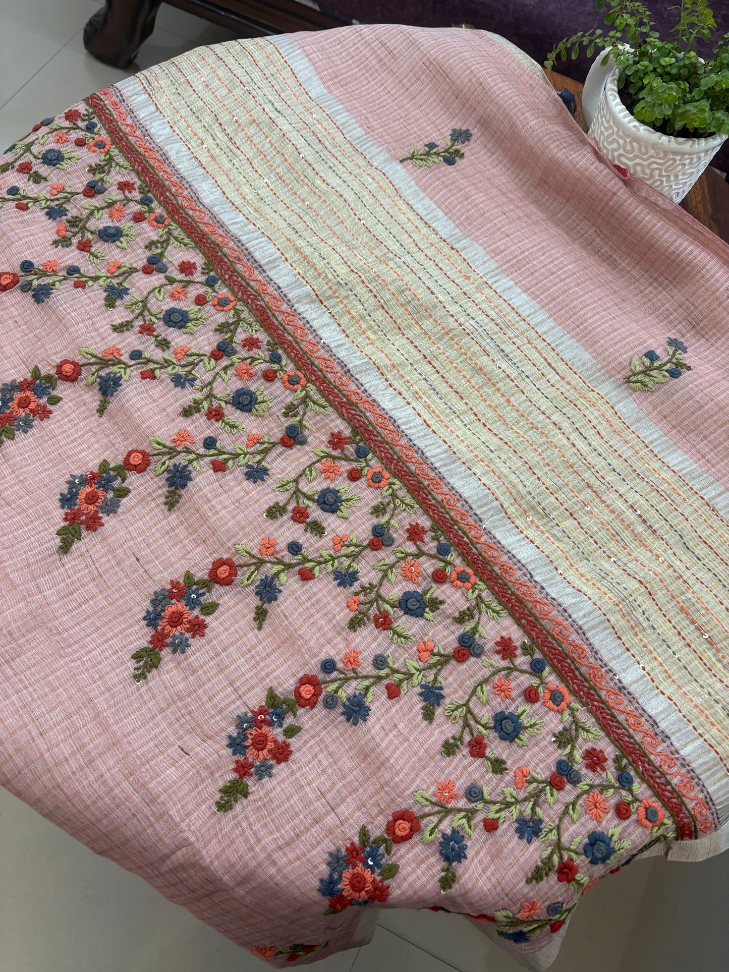 Hand Embroidery on Kota tissue silk saree