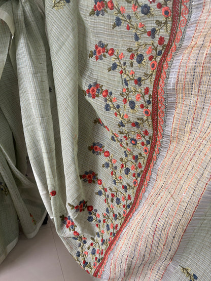 Hand embroidery on Kota tissue silk saree