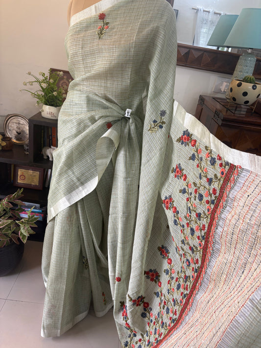 Hand embroidery on Kota tissue silk saree