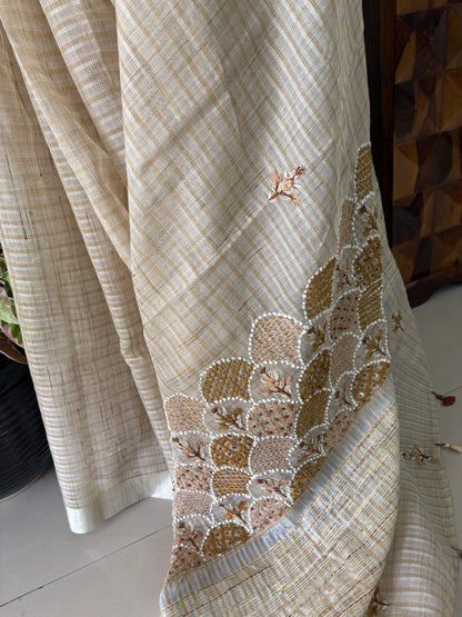 Hand Embroidery on Kota tissue silk saree