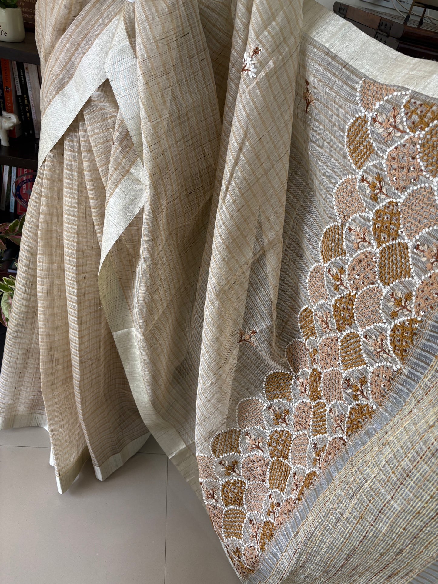 Hand Embroidery on Kota tissue silk saree