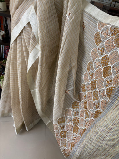 Hand Embroidery on Kota tissue silk saree