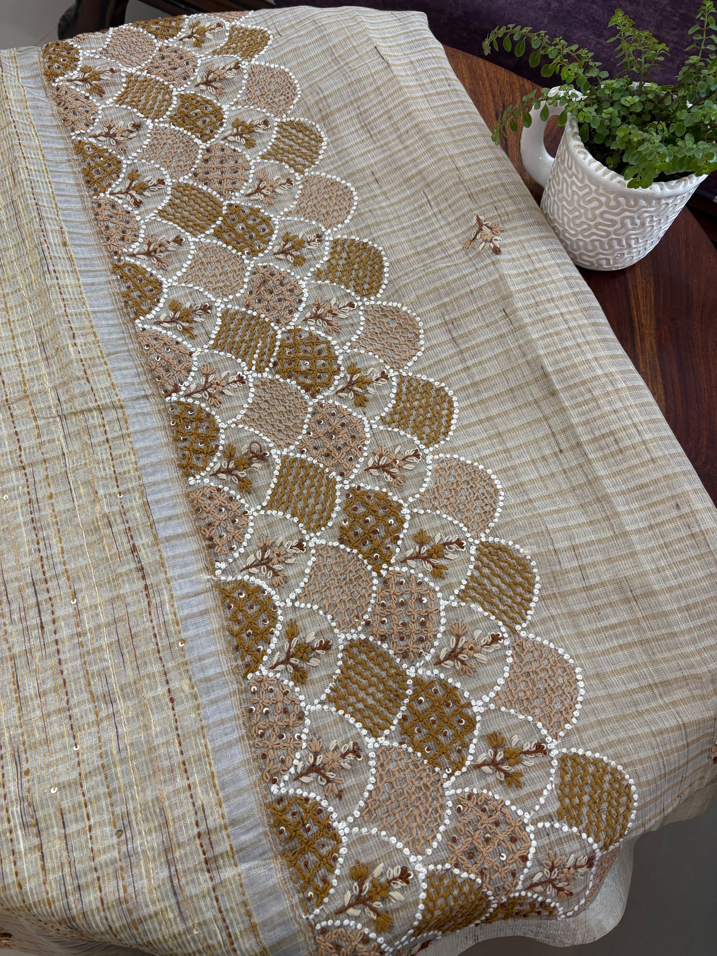 Hand Embroidery on Kota tissue silk saree