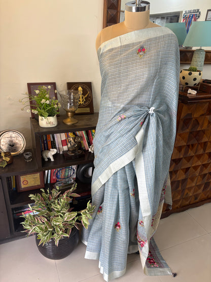 Hand embroidery ( Parsi work) on Kota tissue silk saree