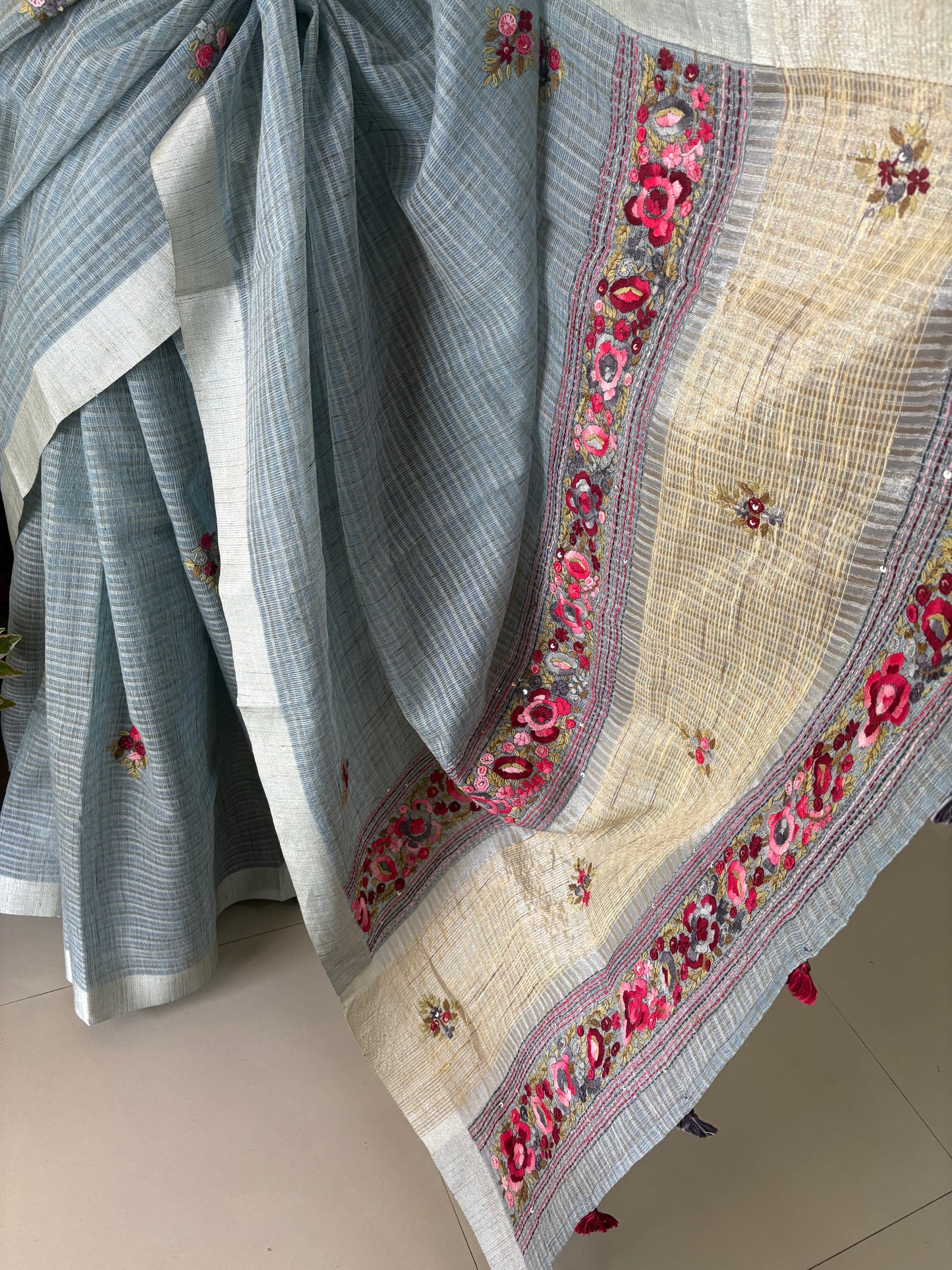 Hand embroidery ( Parsi work) on Kota tissue silk saree